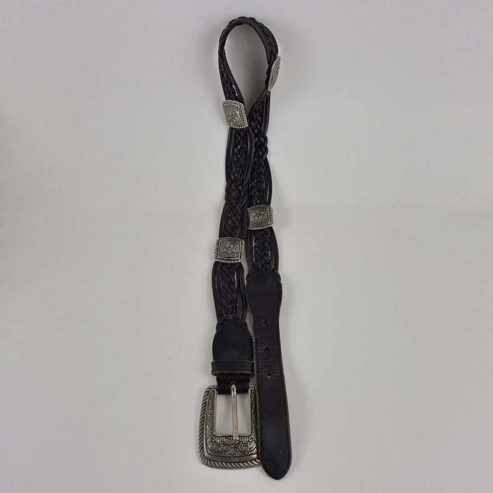 Kids Black Braided Genuine Leather Western Concho Belt Silver Tone Buckle ML